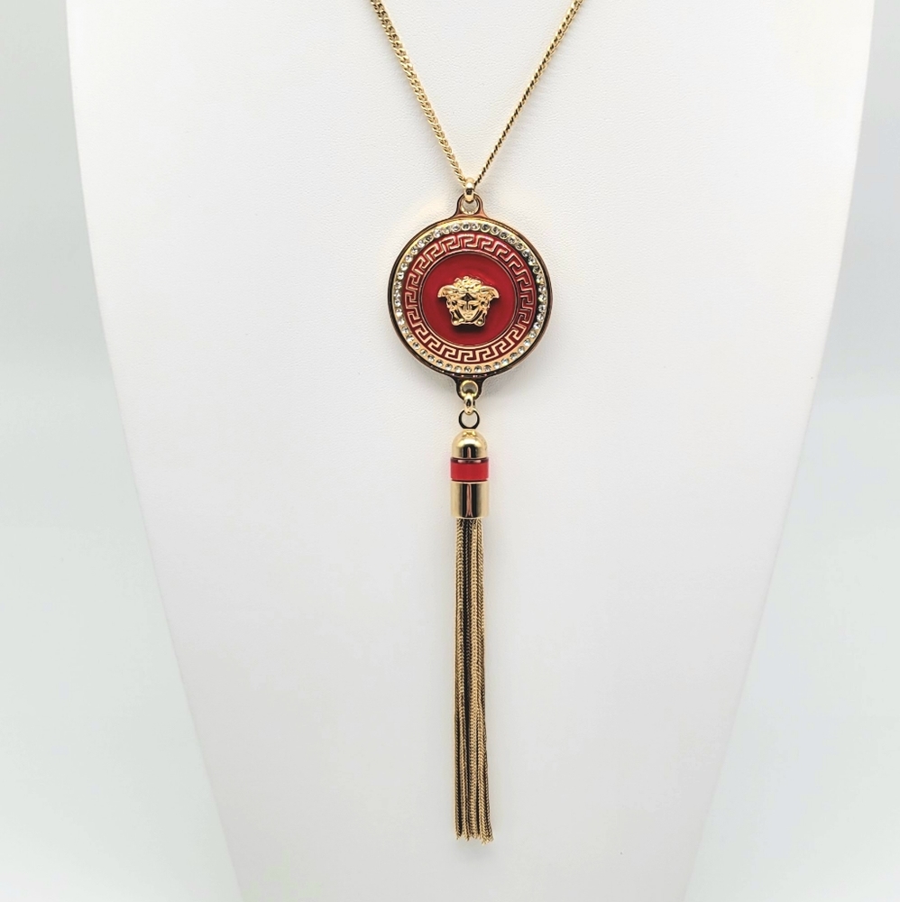 Versace Medusa Medallion Fringe Tassel Necklace w/ Enamel + Swarovski Crystals